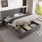 Lit capitonn� lit coffre en velours 140 x 190 lit hydraulique avec lattes et espace de rangement - gris ...