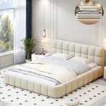 Lit capitonn double 140 x 190 cm avec sommier  lattes lit rembourr lit double tissu en lin beige