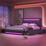 Lit capitonné double 140 x 200 cm en lin gris avec 4 tiroirs éclairage led tête de lit réglable sommier ... Lit capitonné double 140 x 200 cm en lin gris avec 4 tiroirs éclairage led tête de lit réglable sommier ...