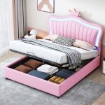 Lit capitonn� double 140 x 200 - avec couronne rose - lit enfant fille - avec �clairage led - tr�s grand ...