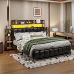 Lit capitonné lit double 160 x 200 cm avec 6 étagères éclairage led tête de lit avec étagères de rangement ... Lit capitonné lit double 160 x 200 cm avec 6 étagères éclairage led tête de lit avec étagères de rangement ...