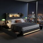 Lit capitonn� double 160 x 200 cm lit adulte - structure du lit avec tiroirs led et usb - c - t�te de ...