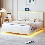 Lit capitonné lit double 160 x 200 cm avec cadre de lit éclairage led et tête de lit - beige Lit capitonné lit double 160 x 200 cm avec cadre de lit éclairage led et tête de lit - beige