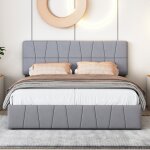 Lit capitonn� double 160 x 200 cm en velours gris avec 4 tiroirs t�te de lit r�glable sommier � lattes ...
