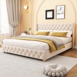 Lit capitonn lit double lit adulte 160 * 200 avec sommier  lattes et tte de lit rembourr veloursstyle ...