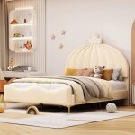 Lit capitonné lit enfant 140 x 200 cm lit double avec tête de lit sommier à lattes - beige Lit capitonné lit enfant 140 x 200 cm lit double avec tête de lit sommier à lattes - beige