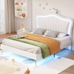 Lit capitonn� lit enfant 140 x 200 cm lit fille lit double avec �clairage led sommier � lattes et dossier ...