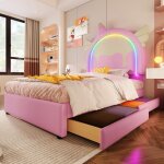 Lit capitonné pour fille 90 x 200 cm lit simple avec led 2 tiroirs - rose Lit capitonné pour fille 90 x 200 cm lit simple avec led 2 tiroirs - rose
