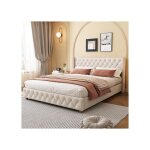 Lit capitonn� - muvoe - 160x200 cm - lin beige - sommier � lattes - pieds en bois rond