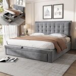 Lit coffre 140x190 cm - gris - rembourr� - 2 tiroirs - sommier � lattes - design contemporain