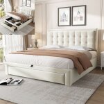 Lit coffre 140x190 cm - rembourr� - beige - 2 tiroirs - sommier � lattes - design contemporain