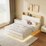 Lit 140x190 cm avec sommier - lit adulte 2 personnes avec t�te de lit rangement - lit flottant avec led ...