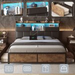 Lit coffre 140 x 200 cm - 4 tiroirs et sommier  lattes - tete de lit avec 2 tiroirs - avec led et usb ...