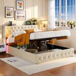 Lit coffre 140 x 200 cm avec �clairage led et charge usb lit double rembourr� avec rangement et tete ...