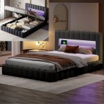 Lit coffre 140 x 200 cm avec led et prises usb lit double avec sommier  lattes lit pour adulte cadre ...