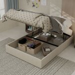 Lit coffre 140 x 200 cm avec v�rins � gaz cadre plateforme en velours beige structure m�tal