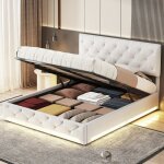 Lit coffre double - pergar - 140 x 200 cm - led réglable - tête de lit ajustable - lin blanc cassé Lit coffre double - pergar - 140 x 200 cm - led réglable - tête de lit ajustable - lin blanc cassé