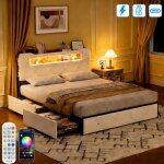 Lit coffre 140x190 cm avec 4 tiroirs - avec led et usb - lit adulte avec rangement - lit 2 personnes ...