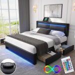 Lit coffre 140x190 cm - lit adulte double avec led et usb - lit rembourr� avec 4 tiroirs et charge sans ...