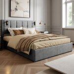 Lit coffre 140x190 cm velours gris ? sommier inclus led & lampes de lecture rangement hydraulique