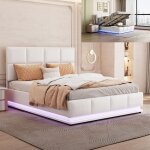 Lit coffre 140x190 cm - nmonet - led - similicuir blanc - hydraulique - 2 places