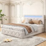 Lit coffre 140x190 velours beige - led rgb int�gr�e - hydraulique - sommier inclus - t�te de lit r�glable ...