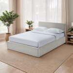 Lit coffre 140x190 cm en velours c�tel� beige + sommier � lattes