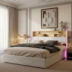 Lit coffre 140x190 - pocketpop - pu blanc - tte de lit avec led et usb - cadre de lit avec sommier  ...