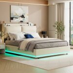 Lit coffre 140x190 - pocketpop - velours blanc cass - led rvb et ports usb - cadre de lit avec sommier ...