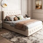 Lit coffre 140x190 - pocketpop - velours blanc cass - tte de lit rglable - cadre de lit avec sommier ...