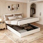 Lit coffre 140x190 - pocketpop - velours teddy blanc laiteux - t�te de lit r�glable - cadre de lit avec ...