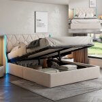 Lit coffre 140x190 - hofurni - velours beige - led intgres - tte de lit design - rangement hydraulique ...