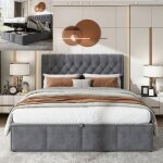Lit coffre - langtu - lit coffre 140x200 cm - velours gris - t�te de lit capitonn�e rivet�e - sommier ...
