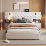 Lit coffre 140x200 cm lit double rembourr� avec t�te de lit longue et sommier � lattes pour adulte lit ...