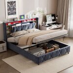 Lit coffre 140x200 cm lit double compris sommier  lattes et tte de lit avec led et rangement pour adulte ...