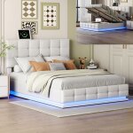 Lit coffre 140x200 cm avec �clairage led lit capitonn� levage hydraulique t�te de lit d�corative � boutons ...