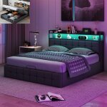 Lit coffre 140x200 cm avec led lit double avec fonction de chargement usb type - c t�te de lit de rangement ...