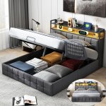 Lit coffre 140x200 cm avec led t�te de lit avec port usb type - c et rangement lit double adulte avec ...