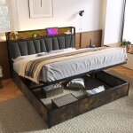Lit coffre 140x200 cm avec led usb et prises cadre de lit m�tal moderne avec sommier gris et marron fonc� ...