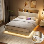 Lit coffre 140x200 cm avec led et usb lit rembourr avec sommier  lattes rangement de chevet style flottant ...