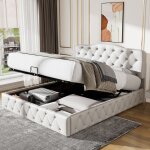 Lit coffre 140x200 cm avec tte ajustable et design capitonn - lit adulte en simili cuir pu grain blanc ...