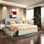 Lit coffre 140x200 cm avec tiroirs lit 2 personnes led avec rangement chargement usb cadre de lit avec ...