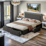 Lit coffre 140x200 cm avec tiroirs lit 2 personnes moderne avec 4 tiroirs de rangement cadre de lit avec ...