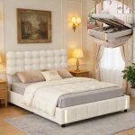 Lit coffre 140x200 - drelygwea - velours beige - sommier � lattes - led d�tecteur de mouvement