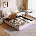 Lit coffre 140x200 - kilisky - led et t�te de lit capitonn� - rangement int�gr� - lit double adulte avec ...
