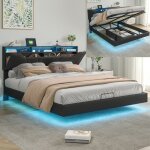 Lit coffre 140x200 avec sommier led et usblit double capitonn� avec rangementavec r�glable tete de litssavec ...