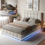 Lit coffre 140x200cm lit double avec led lit hydraulique avec sommier � lattes t�te de lit r�glable pu ...