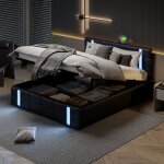 Lit coffre 160×200 cm lit double 2 personnes fabriqué en pu avec tête de lit rembourrée et éclairage ... Lit coffre 160×200 cm lit double 2 personnes fabriqué en pu avec tête de lit rembourrée et éclairage ...