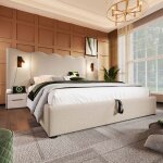 Lit coffre 160�200 cm lit double rembourr� avec lampe et usb type - c - sweiko - lin beige