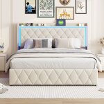 Lit coffre 160×200 cm lit double rembourré en velours beige lit adulte avec 2 ports usb 1 port type - ... Lit coffre 160×200 cm lit double rembourré en velours beige lit adulte avec 2 ports usb 1 port type - ...